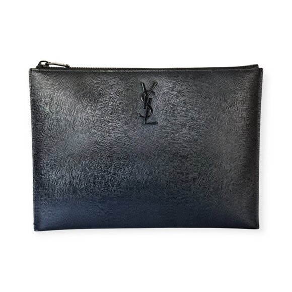 Saint Laurent YSL Monochrome Grain de Poudre Leather Zip Pouch | Black - Picture 2 of 8